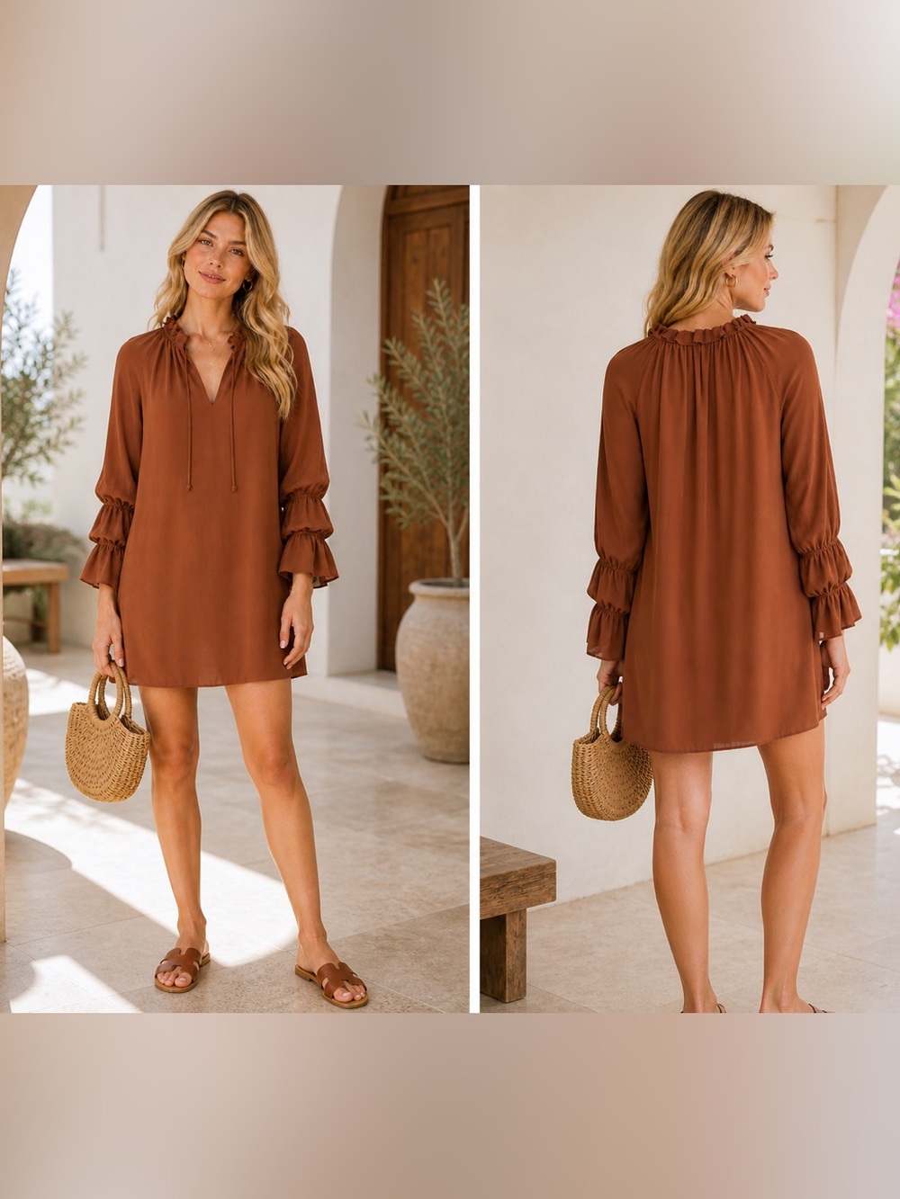 Reformation Rust Brown Silk Shift Dress Ruffle Neck Tie Long Sleeve Size Small